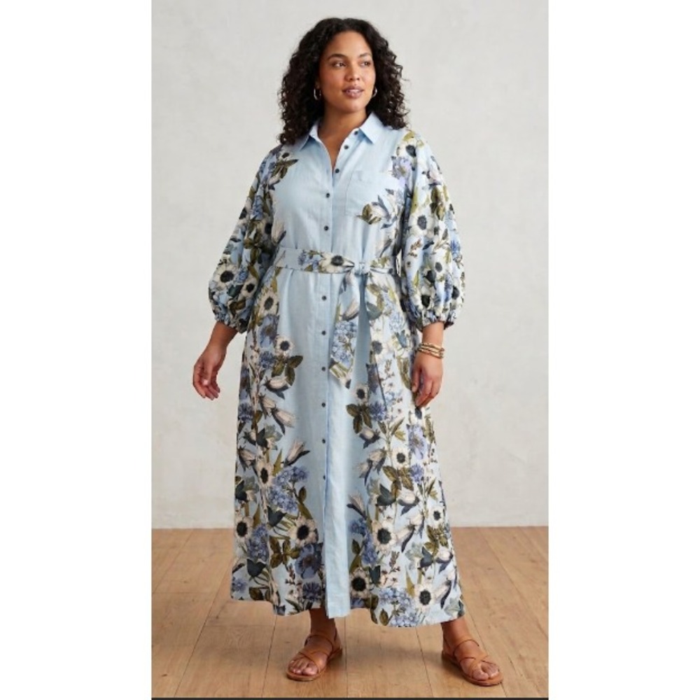 Anthropologie Maeve Maxi Shirt Dress Blue 3X Floral The Mona Linen cottage